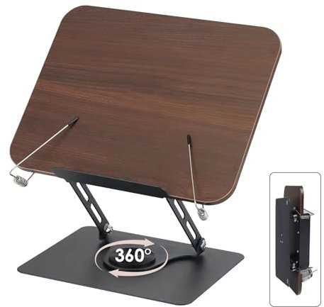 Foyucool Book Stand for Reading, Height Adjustable, Foldable Wood Cookbook Holder, with 360° Swivel Base and 90° Swivel Page Clips, for Music Scores, Magazines, Book, Laptop, Wooden