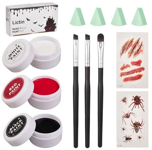 Lictin Maquillaje Halloween-3 Colores, Negro Rojo y Blanco, contiene 3 pinceles,2 esponjas y 2 pegatinas para tatuajes.Pintura Facial Halloween,¡ideales para zombis, vampiros, monstruos y cosplay