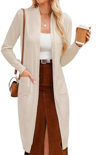 GRACE KARIN Women's 2025 Trendy Long Cardigans Sweater Lightweight Open Front Long Sleeve Maxi Duster Coats with Pockets, Beige, M