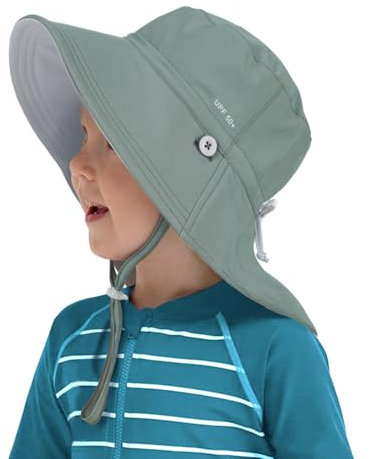 Creekstone Kleinkinder Sonnenhut mit Nackenschutz, LSF 50+, UV-Schutz Cap, Breite Krempe, Umkehrbar Sommer-Strandhut für Mädchen und Jungen (DE/NL/SE/PL, Alter, 3 Jahre, 5 Jahre, Grün)