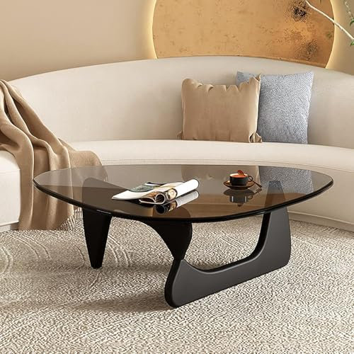 WTTWW Dreieck Couchtisch Glasplatte,Mid-Century Modern Couchtisch für Wohnzimmer,Abstrakt Glas Couchtisch mit Holz Basis,Retro Oval Couchtische für Home Office(Natural b)