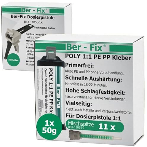 Ber-Fix 2K Kunststoffkleber - PE PP Kleber auch für Polypropylen (PP) und Polyethylen (PE) 50g inkl. Pistole & 11 Mischspitzen - leicht anzuwenden Starke Wirkung