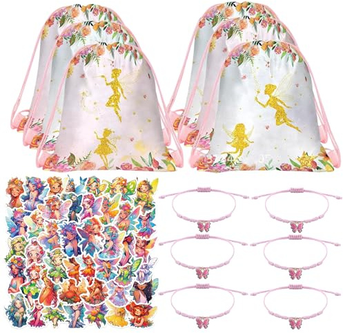 TIVUNORON 62Pcs Fairy Party Mitgebsel Set, Blumenfeen Party Geschenke kinder, Mit Kordelzug Tasche Rosa Schmetterling Armband Schmetterling Fee Aufkleber, Mädchen Party Supplies Giveaway