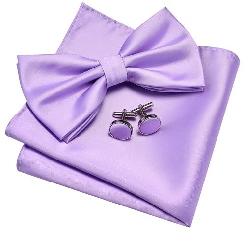 Gusleson Lavender Lilac Bow Tie and Pocket Square Cufflink Set for Wedding Mens Light Purple Pre-tied Bow ties (UK0570-39)