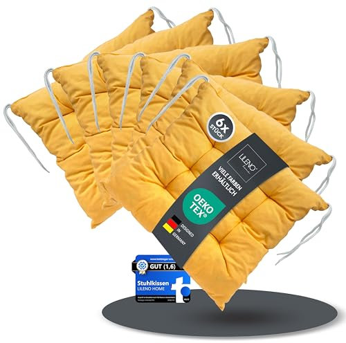 LILENO HOME 6er Set Wende Stuhlkissen Gelb (40x40x6 cm) - Streifen Sitzkissen für Gartenstuhl, Küche oder Esszimmerstuhl - Indoor u. Outdoor Stuhlauflage als Stuhl Kissen (Linda FUM)