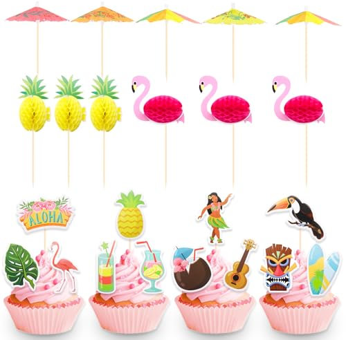 DazzJoy 24 Stück Hawaii Party Deko,Schirmchen Cocktail Dekoration,Hawaii Cupcake Topper,Tropical Aloha Deko Torten,3D Flamingo Ananas Cupcake Deko,Cocktailschirmchen für Hawaii Party Deko Sommer