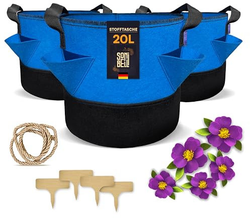 Sonibell 3er Pflanzsack Set 20L inkl. 5 Filzblumen,400g/m² Vlies, Juteschnur mit 4 Holz-Namensschilder