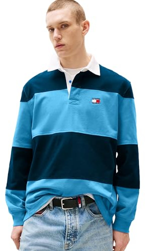 Tommy Jeans Men's Striped Lightweight Rugby Polo Shirt, Copenhagen Blue/Dark Night Navy, S