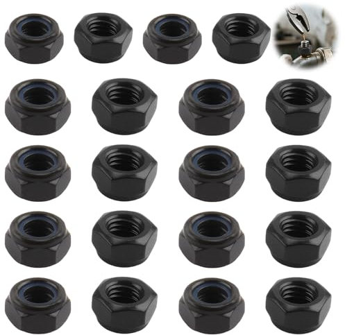 M8 Nyloc Nuts, 20Pcs Self-Locking Steel Hex Black Hexagon Lock Nuts for Washers Bolts Screws Anti-Loosening Fasteners with Nylon Insert for Machinery Automotive DIY Projects