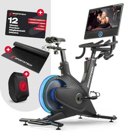 Sportstech Heimtrainer + 21.5 Touch Display - Deutsche Qualitätsmarke - APP mit Live Workouts & Kursen Fitnessbike mit patentierter LED Technologie, Ergometer, sBike (sBike + Bundel)