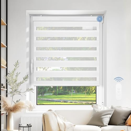 DENFOON Doppelrollo mit Kassette 80B x 150H cm Elektrisches Duo Rollo mit Fernbedienung Klemmfix ohne Bohren für Fenster und Tür Innenrollo mit Premium-Unterschiene Weiß
