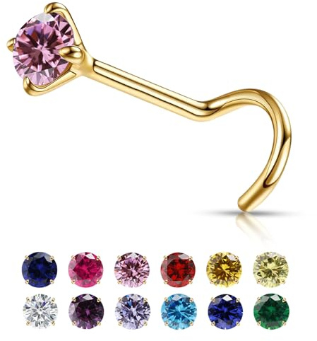 VDKIDKT Kleiner goldener Nasenstecker mit Geburtsstein für Frauen 20G, 3mm-Rundstein CZ Nasenringe und Nasenstecker, winziger goldener Nasenpiercing-Schmuck