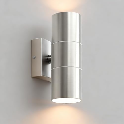 JNR Aussenlampe Wand IP54 Wasserdichte Wandleuchte Aussen, Silber | Edelstahl, Außenlampe Wand 2*5w GU10 3000K Warmweiß LED Glühbirne, 230V Außenleuchte Aussenleuchte, Ausenbeleutung Hauswand