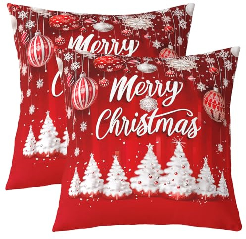 Homemissing Weiße Weihnachtsbäume Kissenbezüge 40x40cm Weihnachts Schneeflocke Dekokissen Weihnachts Baubles 2er Set Kissenbezüge Festliche Ornamente Kissenhülle Frohe Weihnachten Dekokissen