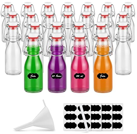 Amajoy 24 x 100 ml leere Glasflaschen Bügelflasche Likörflaschen mit Verschluss, Schnapsflasche zum befüllen Bügelverschluss Drahtbügel-Flasche