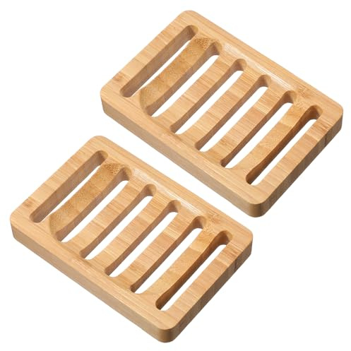 2 Stück Seifenschale Bambus,Shimmeroo Natürliche Holz Seifenschale mit Ablauf Schnelles Trocknen Verlängert die Lebensdauer der Seife für Badezimmer, Küche(12,5 x 8,5cm)