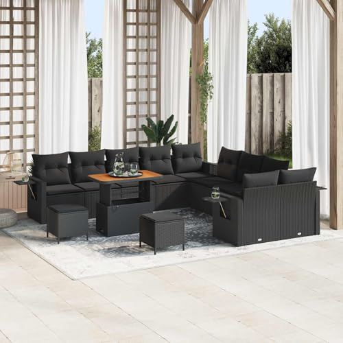 QUAHEAS Gartensofa-Set 13-teilig Schwarz Poly-Rattan, Modulares Design für Terrasse, UV-beständig, Akazienholz-Tischplatte, Bequeme Outdoor-Sitzgruppe für 12 Personen