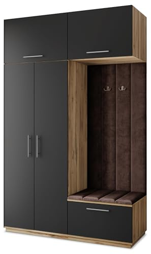 Masseno Flugarderoben Set Rema, Kleiderschrank-Set mit Sitzbank, Garderobenschrank Flur mit 5 Regalböden, Eiche Wotan/Schwarz