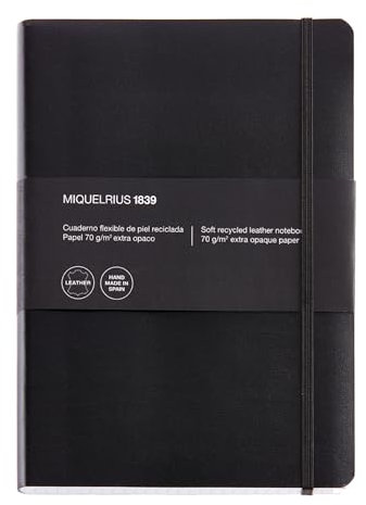 Miquelrius - Weiches Notizbuch aus recyceltem Leder, Format 4º 152 x 210 mm, 300 Blatt 70 g/m², Extra blickdichtes Papier, Raster 5 mm, Schließt mit Gummiband, Ohne Index, Farbe schwarz