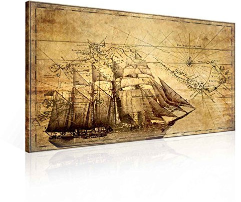 Sepia Schiff Alte Karte Vintage Leinwand Bilder (PP145O1FW) - Wallsticker Warehouse - Size O1 - 100cm x 75cm - 230g/m2 Canvas - 1 Piece
