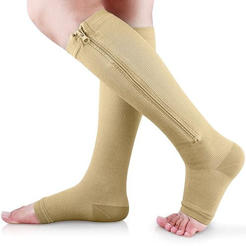 Ailaka - Calze a compressione mediche per polpaccio, con cerniera, 15-20 mmHg, al ginocchio, per donne e uomini beige Beige L-XL