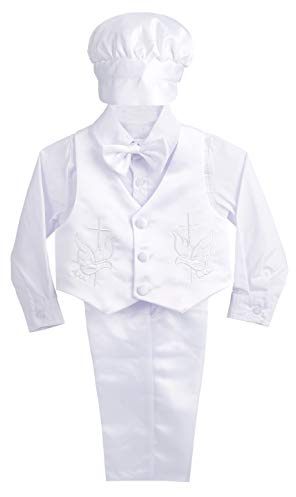 Lito Angels Costume Baptême Garçon 5 Pièces Bonnet, Blanc | Ensemble 5 pièces, bonnet, nœud papillon, chemise, gilet brodé, pantalon