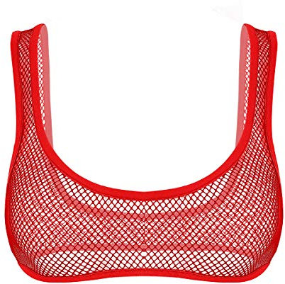 Freebily Sujetador Deportivo Mujer Crop Top Sexy de Rejilla Transparente Camiseta Corta de Tirantes Verano Mujer Lencería Erótica Bra Rojo Talla única