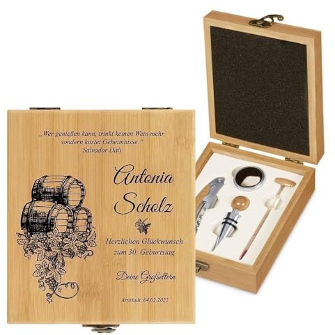 Maverton - Juego de Vino - Set Vino Personalizado- Accesorio con Caja Grabado - 4 Piezas con Abridor de Botellas - Regalos Amigas Originales - Idea Regalo Mujer para Cumpleaños - Edad