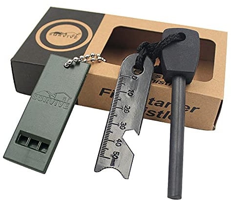 Weskimed Pietra Focaia Kit 7 in 1 Accendino Campeggio Con Manico in Legno Lavorato a Mano Spessa 5/16 Spruzzi Di Scintille Da 10.000 Selvaggio Di Campeggio Sopravvivenza Tradizionale Raschietto