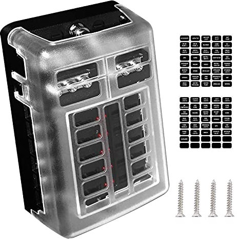 12-Wege-Sicherungsblock mit negativem Bus, Amper DC 12-24 V ATC/ATO-Sicherungsbox mit LED-Anzeige, Abdeckung, Schrauben und Aufkleber für Auto (ohne Sicherung)
