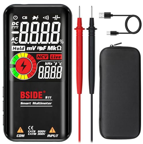 BSIDE Digitales Multimeter, Farb-LCD-Display mit 3 Ergebnissen, 999 Counts, Voltmeter, wiederaufladbar mit Smart-Modus, Kapazität Ohm, Hz, Diode, Einschaltdauer, Live-Check, Spannungsprüfer, Schwarz
