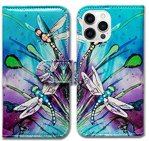 Bcov iPhone 13 Pro Max Case, Cute Dragonfly Leather Flip Phone Case Wallet Cover with Card Slot Holder Kickstand For iPhone 13 Pro Max