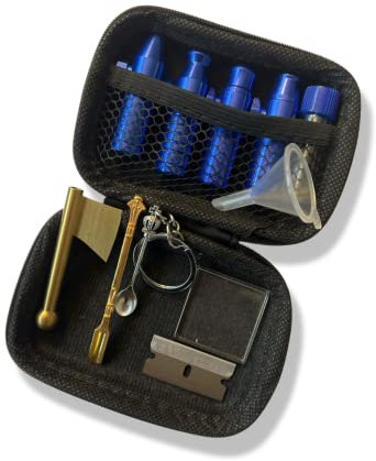 Vorratsbehälter Case mit 4x Aluminium Bullet Dosierer,1x Glas Aufbewahrungsbox, 1x Alu Beil, 1x Löffel, 1x Anhänger Löffel 1x Mini Glasplatte, 1x Rasierklinge & Minitrichter für Schnupftabak (BLAU)