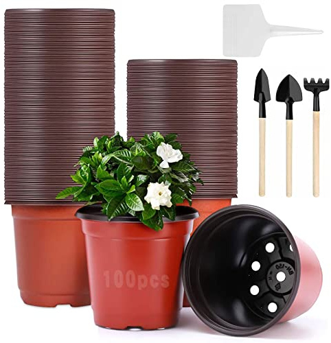 100 Pièces Godets Semis 10CM, Pots de Fleurs Jardinière Extérieur et Intérieur, Livré avec 10 Étiquettes de Plantes et 3 Outils de Jardinage