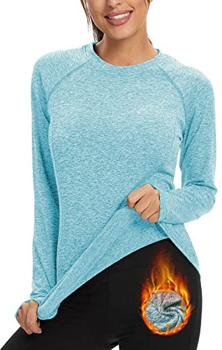 Soneven Thermoshirt Damen Langarm Kapuzenpullover Funktionsshirt Winter Fleece Pullover Thermo Laufshirt Sportshirt Warmer Atmungsaktiv (A-Hell Blau, XS)