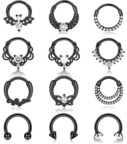 Adramata 12 Stück 16G Nasenringe Hoop Chirurgenstahl Septum Set CZ Opal Knorpel Daith Ring Helix Ohrring Nasenpiercing Schmuck