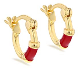 Tuscany Silver Women's Sterling Silver Yellow Gold Plated 10mm Red Enamel Huggie Hoop Earrings