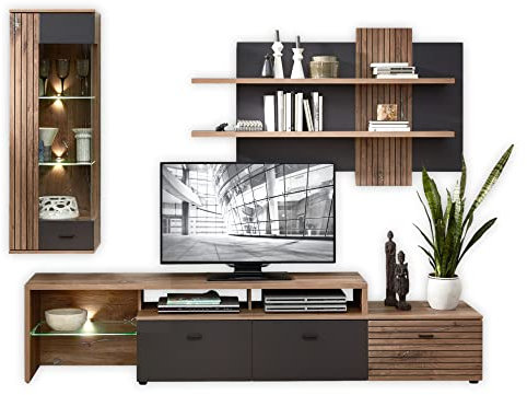 Stella Trading LINEA Wohnwand Komplett-Set in Flagstaff Oak Optik, Anthrazit - Moderne Schrankwand mit LED-Beleuchtung für Ihr Wohnzimmer - 255 x 195 x 44 cm (B/H/T)