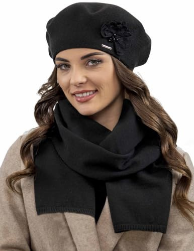 VIVISENCE Baskenmütze Winter Damen Mit Klassischem Schnitt Elegante Mütze Mit Wärmendem Garn Mit Wollzusatz Wintermütze Für Frauen Blumenapplikation Perfekte Anpassung Modell 7036