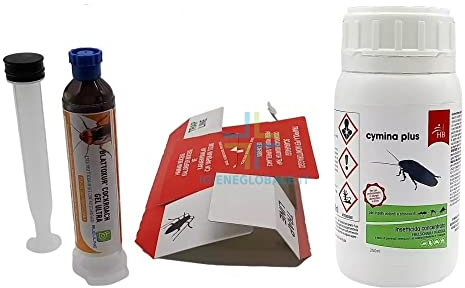 Kit Disinfestazione Blatte Blattoxur Gel + 25 Trappole Collanti con Feromoni + Cymina Plus 250 Ml per Pozzetti Fognari