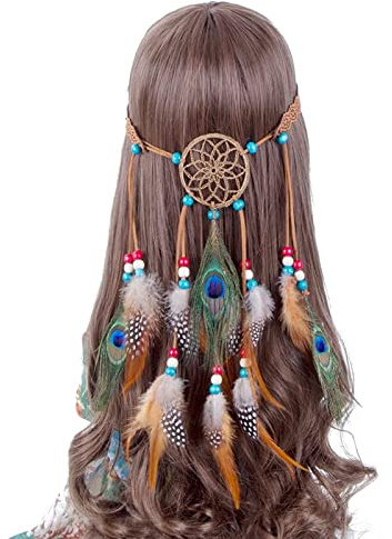 RUNRAYAY Bandeaux à plumes de Bohème, bandeau gitane hippie, coiffe indienne à plumes et glands, coiffe en corde de chanvre, accessoires de coiffure de festival pour femmes et filles.