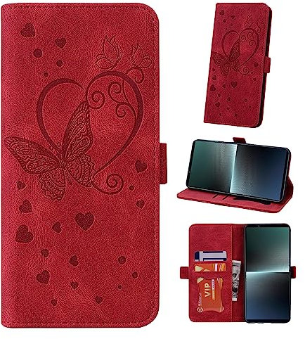 Auslbin Sony Xperia 1 V 6.5 Coque de Téléphone, Couverture Mobile de Style Papillon, Étui à Rabat en Cuir PU pour Sony Xperia 1 V 5G, Rouge