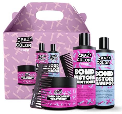 Crazy Color Bond Builder Kit - Treatment, Shampoo & Conditioner Trio Gift Set - for Dry Damaged, Bleached, Coloured, Broken, Curly or Frizzy Hair. Vegan & Sulphate Free.