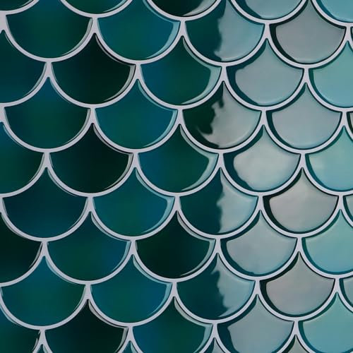 CRE8TIVE Selbstklebende Fliesen Fischschuppe 16 Stück 30.5cm x 30.5cm Glänzend Wandfliesen Selbstklebend Grün Klebefliesen Küche 3D Effect Fliesenfolie Fliesenfolie Bad Wasserfest für Treppen