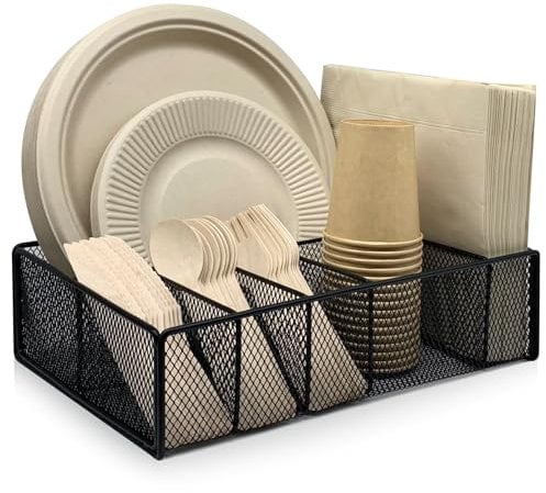 Dysanvica Metal Paper Plate Holder - Utensil Silverware Caddy for Kitchen Counter Cabinet Cutlery Flatware Organizer Storage Dispenser Box for Plastic Spoon Fork Plates Napkins Cup Party Camping Black