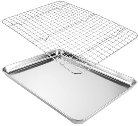 VIDETOL Teglia da forno in acciaio inox con griglia di raffreddamento, 40,5 x 30,5 x 2,5 cm, rettangolare, per cottura e cottura