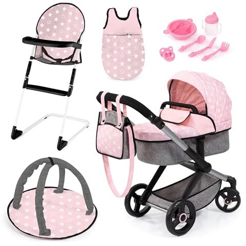 Bayer Design 17030AB Ensemble Poussette pour poupée XEO, poignée réglable, Transformable, Chaise Haute, Sac de Couchage, Tapis d'eveil, Accessoires en Plastique, Rose