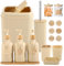 Juego de accesorios de baño beige de 17 piezas con cubo de basura, 3 dispensadores de jabón de loción, soporte para cepillo de dientes, jabonera, vaso, 6 etiquetas de madera, accesorios de baño con