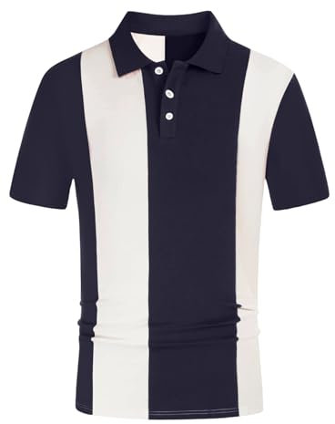 AIYINO Mens Short Sleeve Polo Shirts Vintage Striped Lightweight Knitting Golf Shirts L Navy