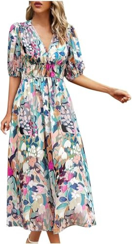 Niblido Boho-Midikleid mit tiefem V-Ausschnitt, bedruckt, Frühlingskleider für Damen 2024, Sommermode, Laternenärmel, A-Linie, langes Kleid, grün, Small